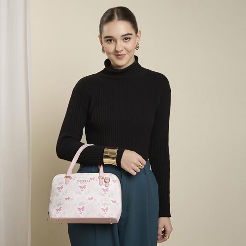 Caprese Scarlet Small Satchel Bag for Women | Printed Faux Leather Handbag | Multi-Compartment Purse | Adjustable & Detachable Strap | Zipper Closure | Stylish Everyday Bag (Pink Sorbet)