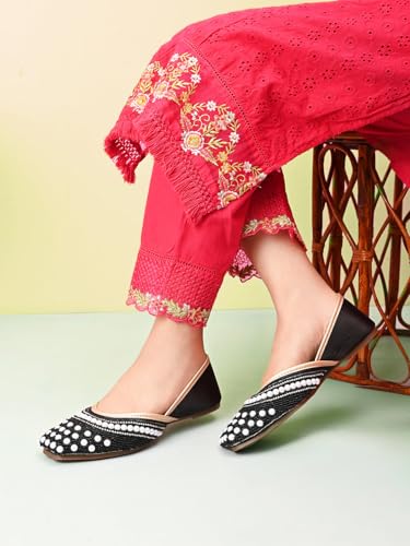 XE Looks Women’s Pearl Embellished Ethnic Juttis with Beaded Detailing | Soft Cushioned Insole | Lightweight Slip-On Traditional Flats for Girls & Women Black