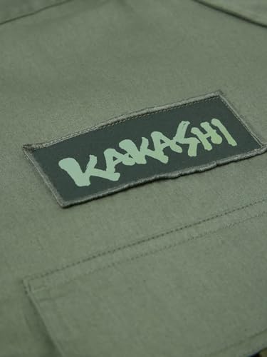 The Souled Store Naruto Shippuden: Kakashi Uniform Men and Boys Long Sleeves Collared Neck Button Front Green Embellished Regular Fit Cotton Utility Shirts