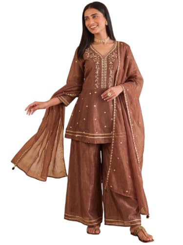 Varanga embroidered brown kurta set with palazzo and dupatta.