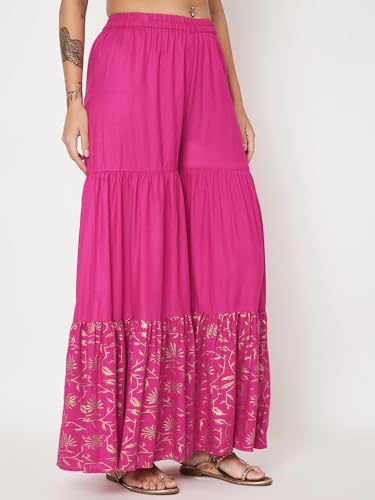 studio rasa Women's Viscose Block Printed Tiered Sharara for Festive Casual Party (BTWC52401XL_Pink_X-Large)