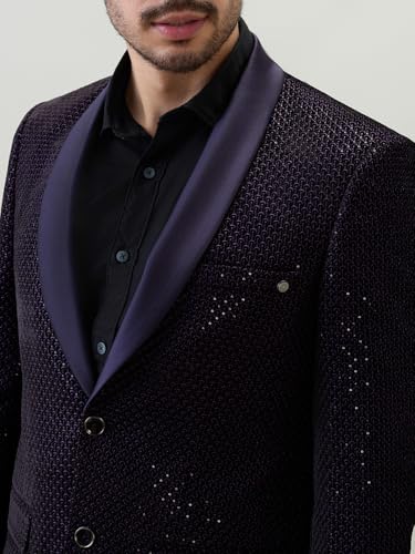 Raymond Men Regular Fit Structure Pattern Pure Polyester Shawl Collar Full Sleeve Ceremonial Suit Violet