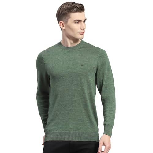 Monte Carlo Mens Green Solid Round Neck Full Sleeve Wool Casual Sweater | Warm Woolen Pullover for Men | Soft Comfortable Knitted Winter Wear Sweater for Men's