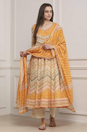 Biba Women Mango Yellow Cotton Printed Anarkali Suit Set_38