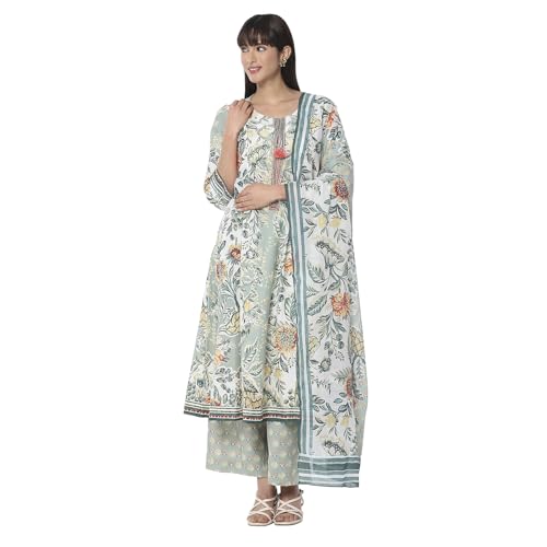 Biba Women Sage Green Pure Cotton Floral Kalidar Suit Set_46