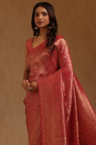 Soch Womens Fuchsia Tussar Floral Zari Woven Saree