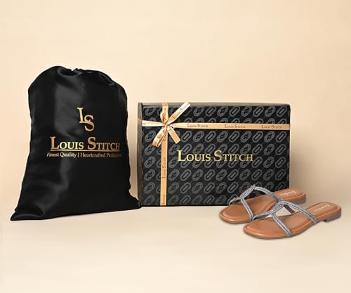 LOUIS STITCH Women’s Fashion Flat Tan Slip-On Sandals | Open Toe Silver Cross Strap Flat Slipper for Ladies | LSOF-LDSL-CRCSGM| (UK-7)