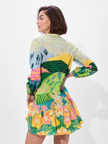 The Souled Store Landscape Women and Girls Long Sleeves Band Collared Multicolor All Over Printed Viscose Blend Summer Ready All Occasion Easy to Style Mini Dresses