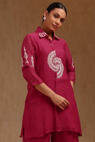 Soch Womens Fuchsia Chanderi Embroidered Co-Ord Set