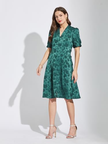 Latin Quarters Women Green V-Neck Half Sleeves Printed Knee Length A-Line Dress XL