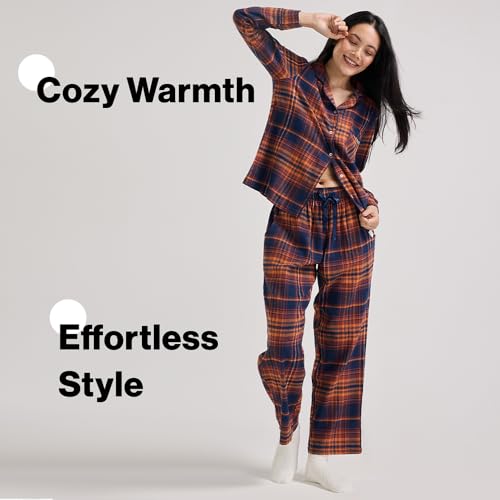 NYKD (NYS902 Cotton Checked Coords Set Night Suit for Women | Relaxed Fit, Collar Neckline Shirt with Full Sleeves & Pants| Perfect for Sleep & Lounge Wear (Navy & Brown, 2XL)