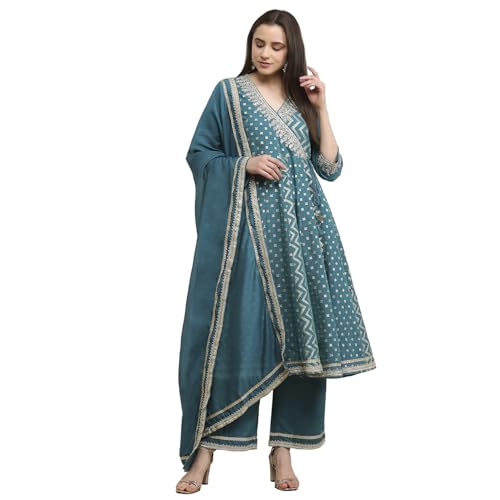 Biba Women Teal Green Poly Cotton Anarkali Suit Set_36