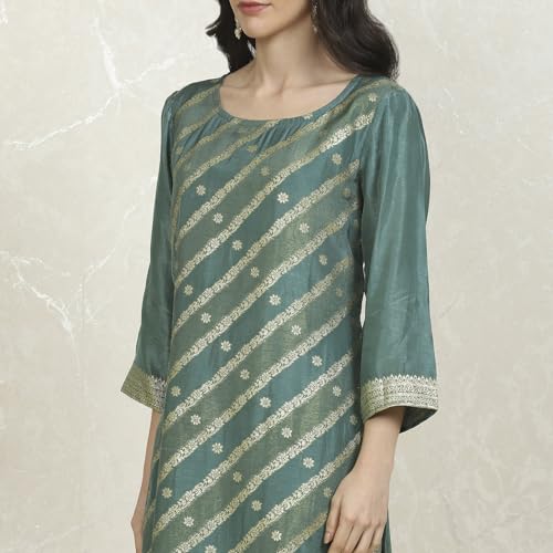 Biba Women's Teal Art Silk Woven Unstitched Suit Set