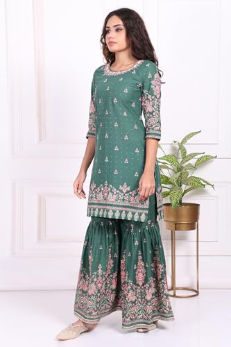 W for Woman Green Floral Printed Cotton Straight Kurta with Sharara and Dupatta Set - (WS13741-127334-L)