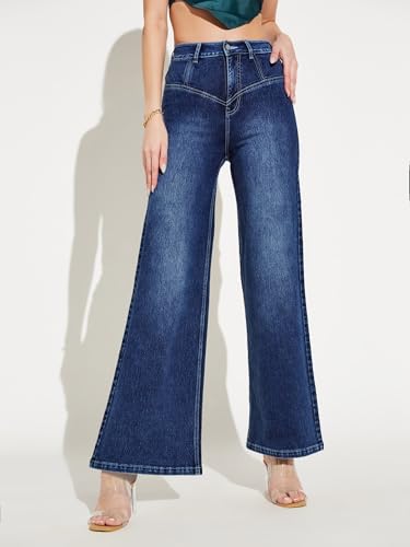 Miss Chase Women's High Rise Clean Look Regular-Length Stretchable Denim Wide-Leg Shaping Jeans (MCAW25DEN62-56-458-32, True Blue, 32)