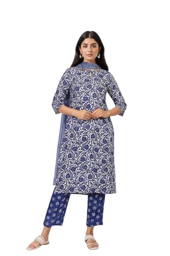 W for Woman Blue Floral Block Print Straight Kurta with Straight Pant and Dupatta Set (WS13531-127098-M)