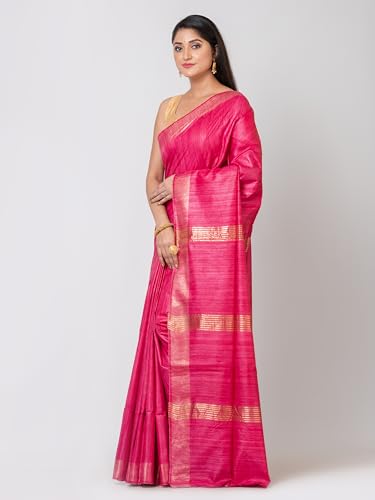 RACHBAI Women's Tussar Ghicha Golden zari Boader pure silk saree with Unstiched blouse (Pink)