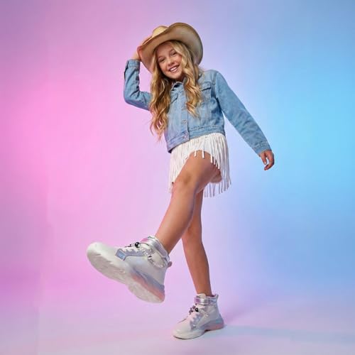 KazarMax Hopits Rise High-Top Sneakers for Kids Girls White with Silver Accents Removable Charms -11 Kids UK