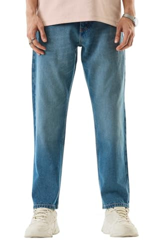 SNITCH Men Jeans | Relaxed Fit Textured Design | 100% Cotton Woven Fabric & Stone-Wash Finish for Casual & Street Wear |Blue