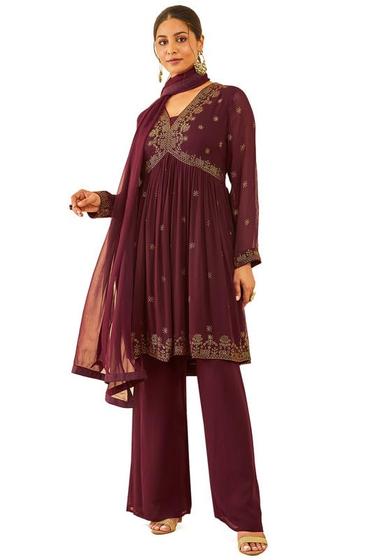 Soch Womens Maroon Embellished Georgette Alia Cut Suit Set