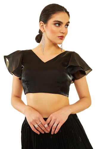 Soch Womens Black Organza Flutter Sleeves Blouse with Princess-Line