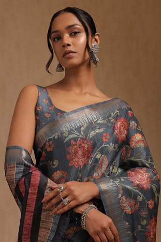 Soch Womens Blue Tussar Floral Print Saree