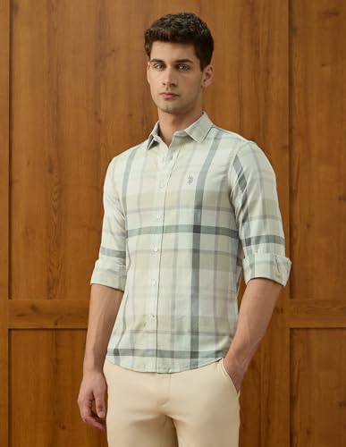 U.S.Polo ASSN. Men's Checkered Tailored Fit Shirt (USSHT2960_Light Green