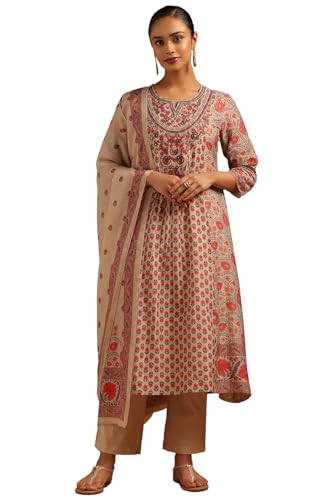 Soch Womens Beige Mul Chanderi Botanical Salwar Suit With Hand Embroidery and Bead Details