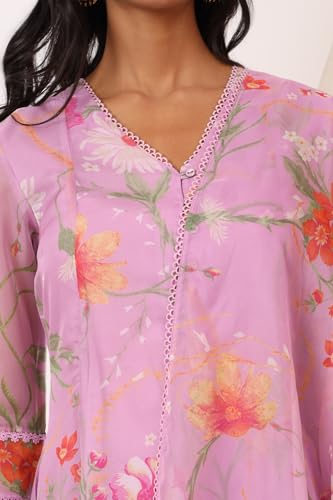 W for Woman Lilac Floral Printed Flared Kurta with Pants and Dupatta Set (Size: L)-WS12551-125728