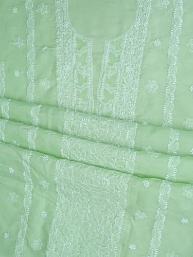 Ada Hand Embroidered Lucknowi Chikankari Unstitched Cotton Dress Material Suit Piece with Dupatta for Women 01A869278 Pistachio Green