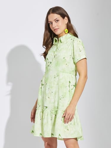 Latin Quarters Women Green Collar Neck Half Sleeves Printed Above Knee Shirt Dress for Casual Wear_M