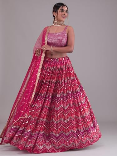 Zeel Clothing Women's Digital Print with Thread, Sequins Embroidered Work Georgette Lehenga Choli With Dupatta (5092-Pink-Women-Lehenga-Choli-Latest; Free size) (Pink)