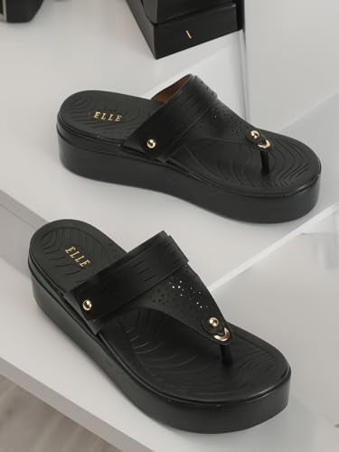 ELLE Women's Fashionable Thong Comfartable Sandals,Black,UK-7