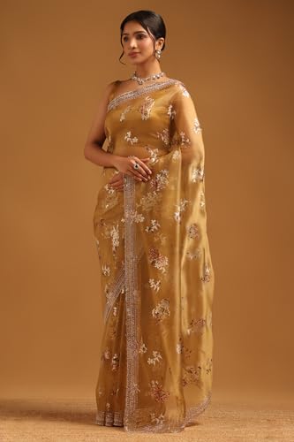 Soch Womens Gold Organza Floral Saree With Stone Work