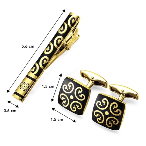 Peora Black Gold Decorative Combo Tie Pin and Cufflinks Set Wedding Business Accessories for Men Boys