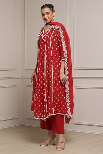 Biba Women Red Chanderi Embroidered Kalidar Suit Set_36