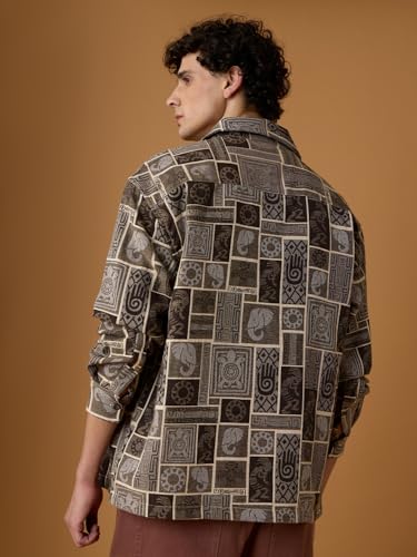 The Souled Store Nomad: Spirit Men and Boys Full Sleeves Spread Collar Brown and Beige Geometric Printed Cotton Lightweight Everyday Oversized Shackets