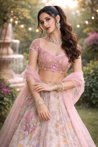 Artyfly Lehenga Choli For Womens And Girls et For Womens And Girls Hevay Pure Chinon silk digital printed 8mtr flair lehnga with canvas patta can can Chaniya Choli Wedding