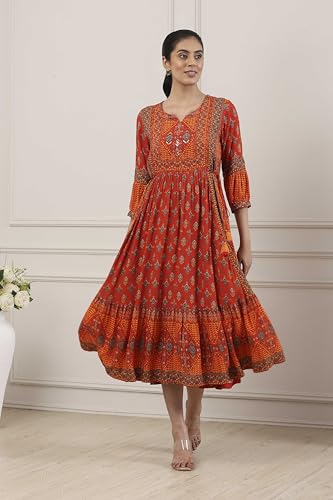 Biba Women Rust Viscose Rayon Anarkali Dress_40
