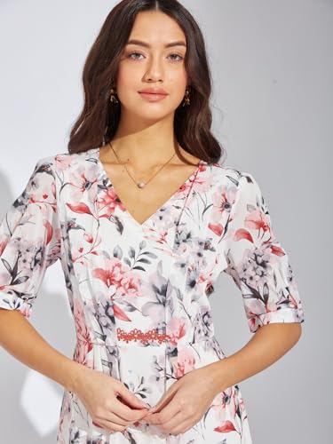 Latin Quarters Women Maroon V-Neck Half Sleeve Printed Midi A-Line Dress Casual for Wear_L