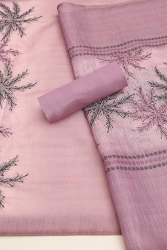 Soch Womens Blush Pink Linen Shimmer Botanical Dress Material With Kantha Embroidery and Cutdana Details