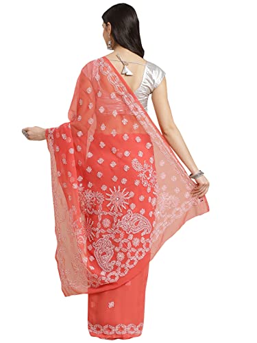 Ada Women Hand Embroidered Lucknowi Chikankari Georgette Saree With Unstitched Blouse Piece A191489,Tomato Red