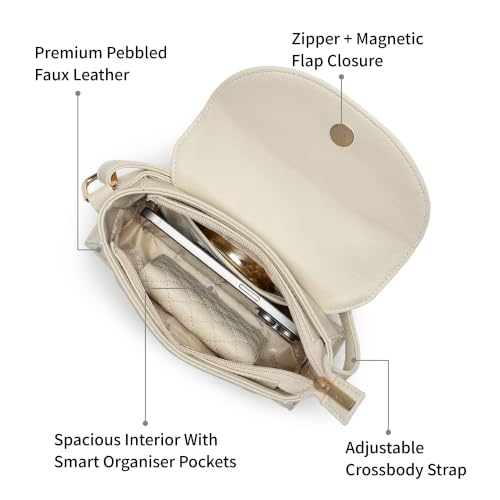 Fastrack Cloud Sling Bag for Women | White Pebbled Faux Leather Crossbody Sling Bag | Spacious Main Compartment with Organiser Pockets | Magnetic Flap & Zip Closure | Adjustable Buckle Sling Strap