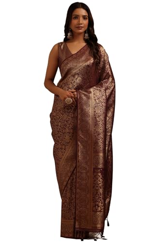 Soch Womens Wine Tussar Floral Zari Woven Saree
