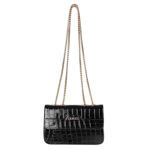 Ceres Clutch Chain Shoulder Bag for Women, Crossbody Handbag with Zipper and Strap, Black