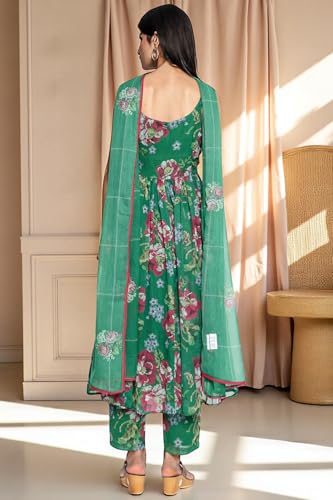 W for Woman Green Printed Chiffon Flared Kurta, Straight Pant and Dupatta Set (Size: XXL)-WS12960-125864