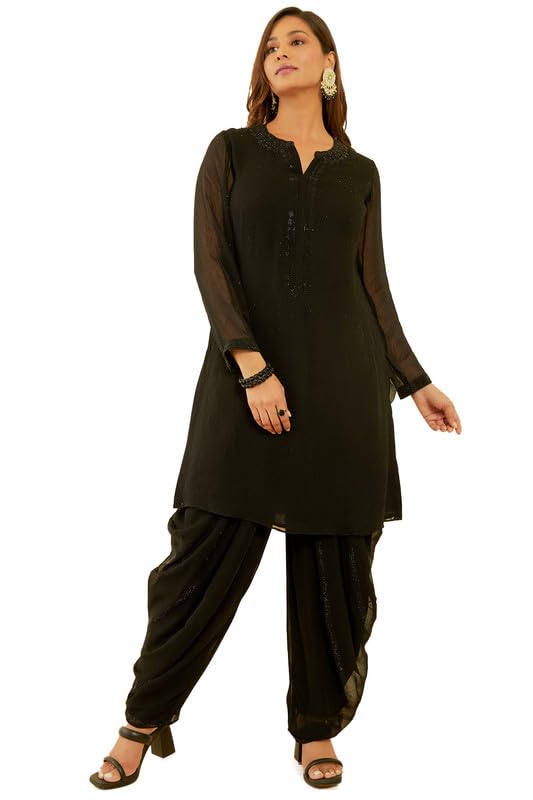 Soch Womens Black Embellished Georgette Suit Set with Dupatta