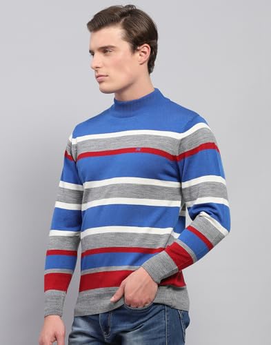 Monte Carlo Mens Grey Striped High Neck Full Sleeve Pullover (1243367TN-1-46)