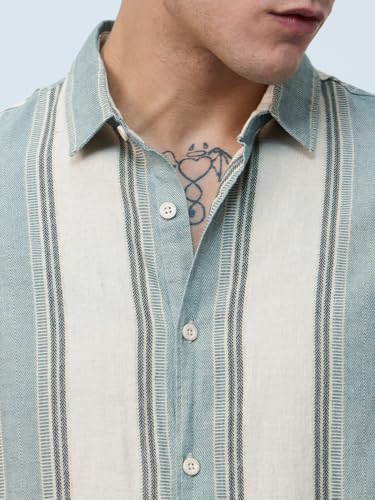 The Souled Store Stripes Shirt: Jade Haze Men and Boys Short Sleeves Collared Neck Cotton Linen Blend Regular Fit Casual Cotton Linen Shirts
