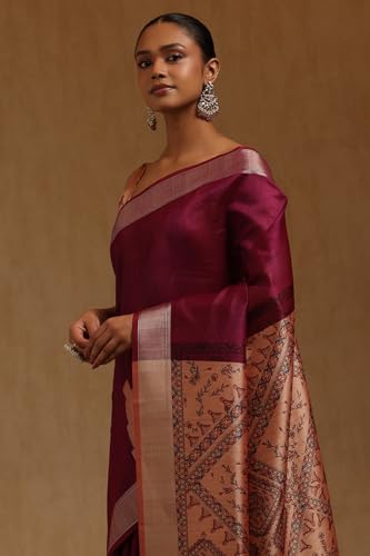 Soch Womens Wine Tussar Botanical Printed Saree